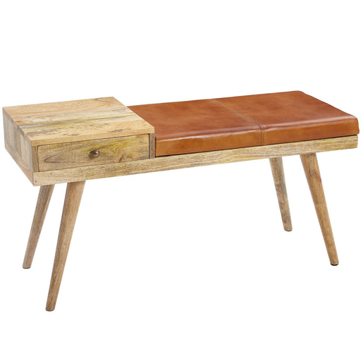 Sitzbank Retro mit braunem Ledersitz, Stauraum und Holzbeinen in Gesamtansicht.