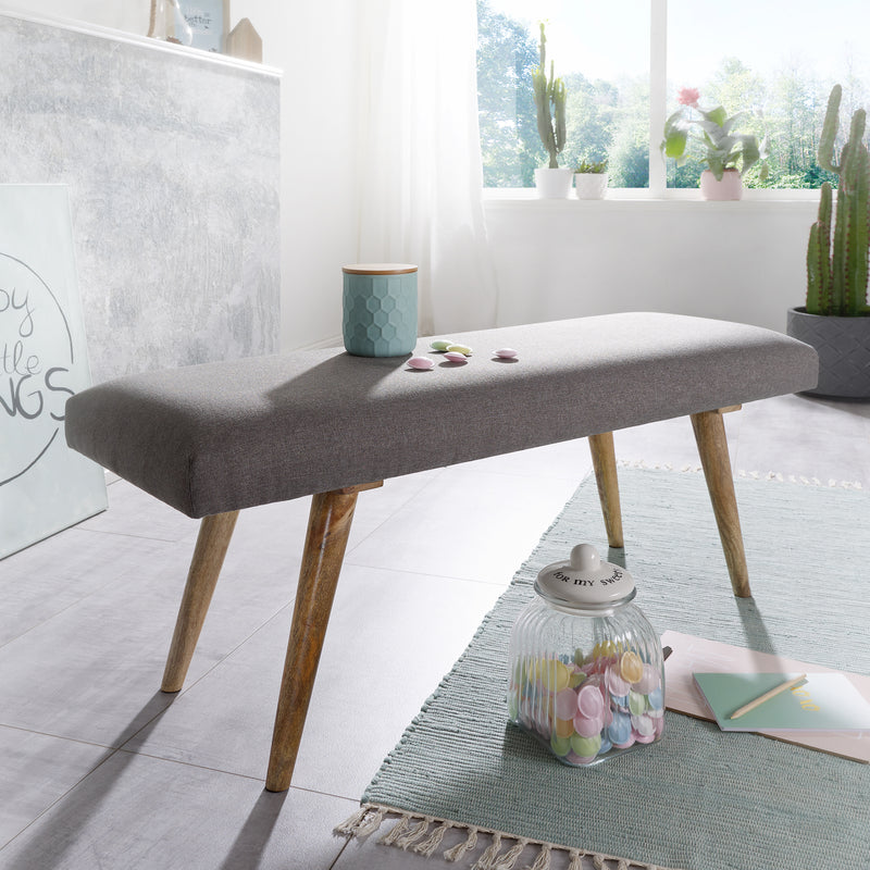 Sitzbank Retro 117x51x38cm Stoff Massivholz Grau Braun Polsterbank