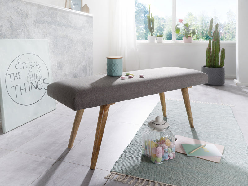 Sitzbank Retro 117x51x38cm Stoff Massivholz Grau Braun Polsterbank