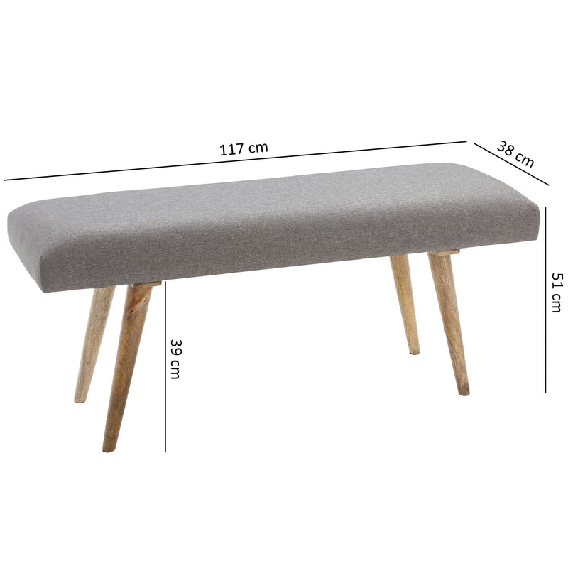 Sitzbank Retro 117x51x38cm Stoff Massivholz Grau Braun Polsterbank