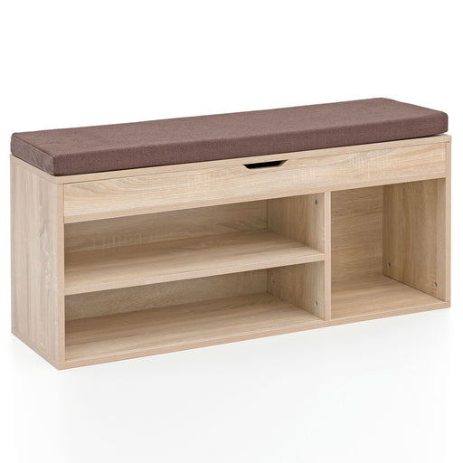 Schuhbank WL5.344 mit Sonoma-Holzgestell und brauner gepolsterter Sitzfläche, Gesamtansicht von vorne.