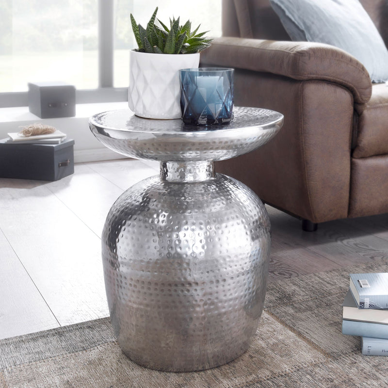 Beistelltisch Aluminium Silber rund orientalisch modern Hammerschlag