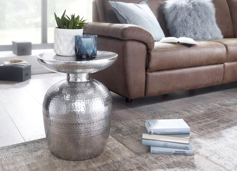 Beistelltisch Aluminium Silber rund orientalisch modern Hammerschlag