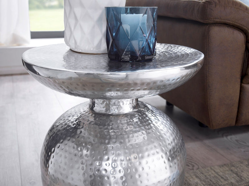 Beistelltisch Aluminium Silber rund orientalisch modern Hammerschlag