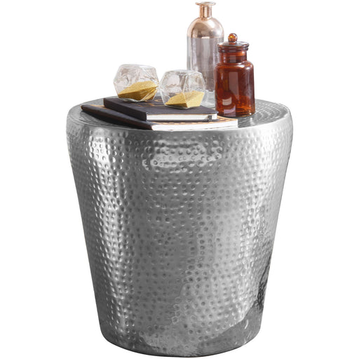 Beistelltisch Aluminium Silber orientalisch rund Hammerschlag in Gesamtansicht mit gehämmerter Oberfläche.