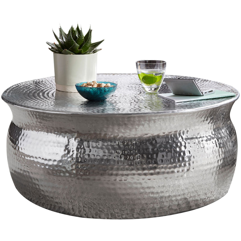 Couchtisch 75x31x75cm Aluminium Silber orientalisch rund Hammerschlag