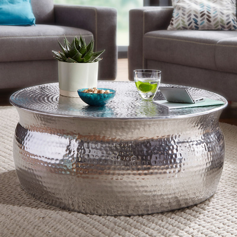 Couchtisch 75x31x75cm Aluminium Silber orientalisch rund Hammerschlag