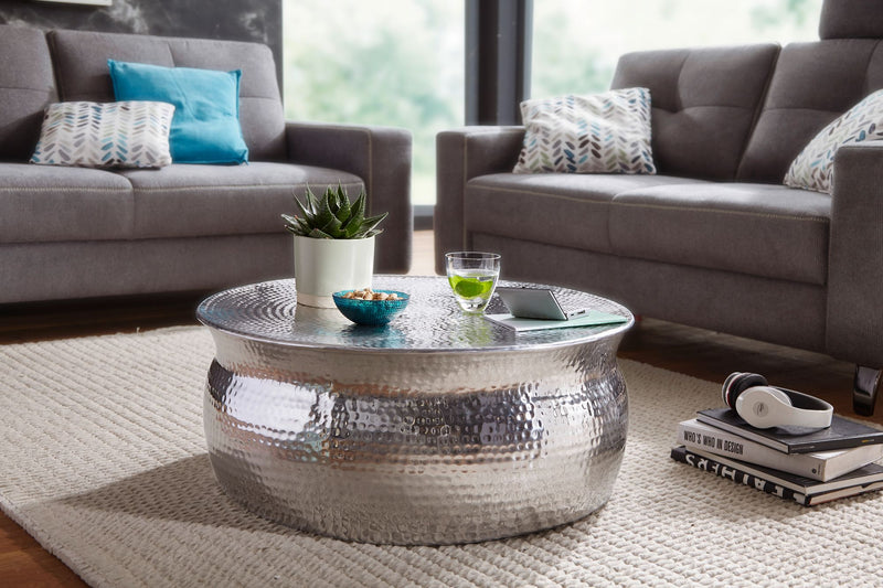 Couchtisch 75x31x75cm Aluminium Silber orientalisch rund Hammerschlag