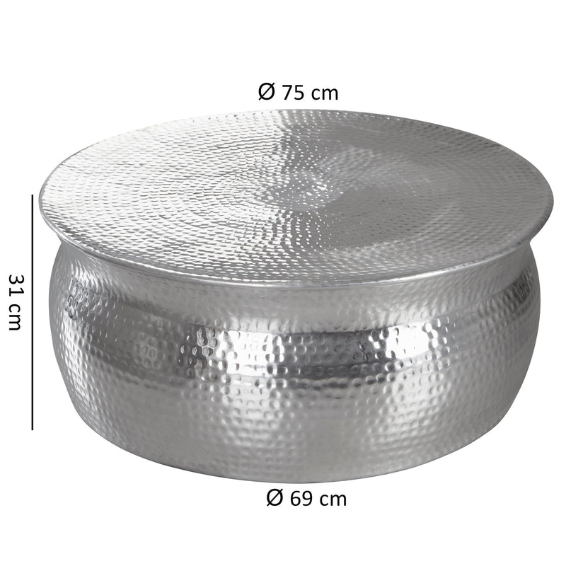 Couchtisch 75x31x75cm Aluminium Silber orientalisch rund Hammerschlag