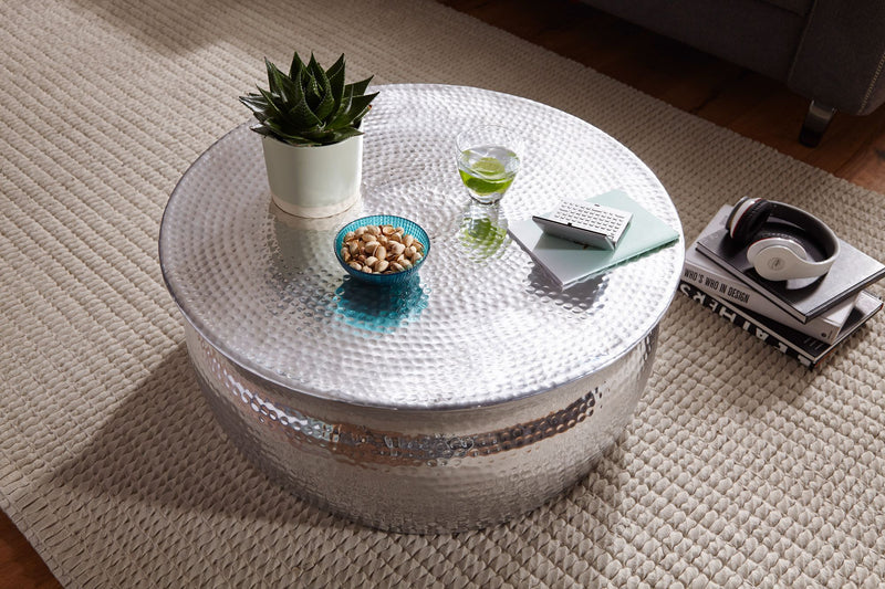 Couchtisch 75x31x75cm Aluminium Silber orientalisch rund Hammerschlag