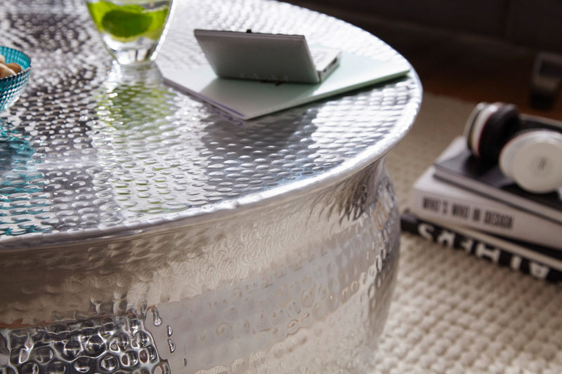 Couchtisch 75x31x75cm Aluminium Silber orientalisch rund Hammerschlag