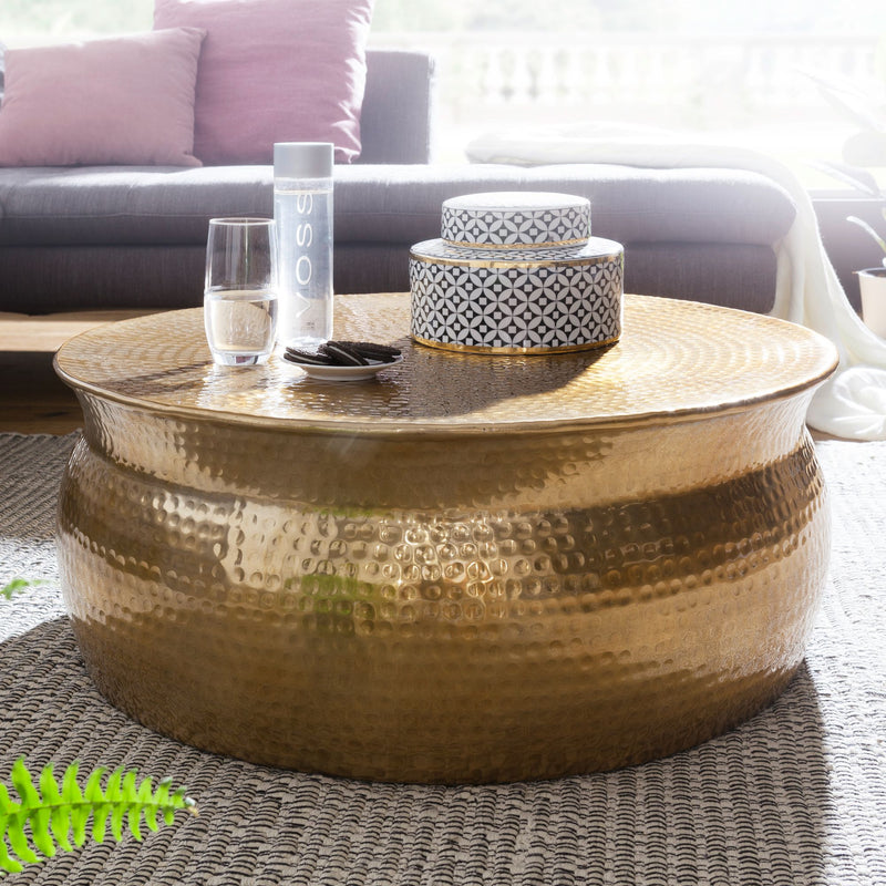 Couchtisch 75x31x75cm Aluminium Gold orientalisch rund Hammerschlag Design