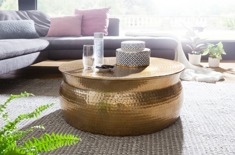 Couchtisch 75x31x75cm Aluminium Gold orientalisch rund Hammerschlag Design