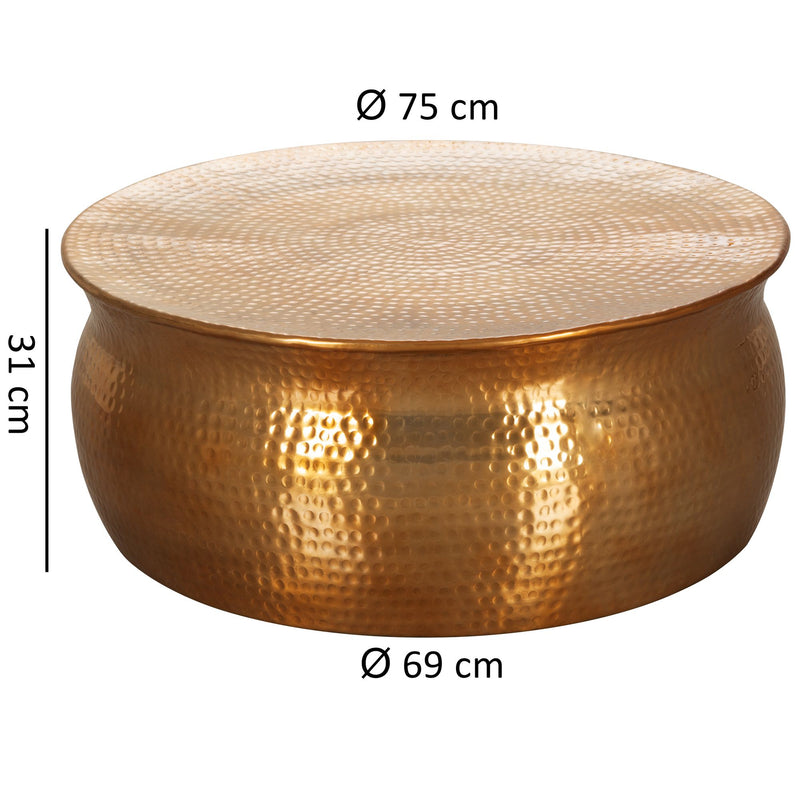 Couchtisch 75x31x75cm Aluminium Gold orientalisch rund Hammerschlag Design