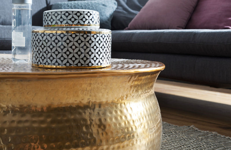 Couchtisch 75x31x75cm Aluminium Gold orientalisch rund Hammerschlag Design