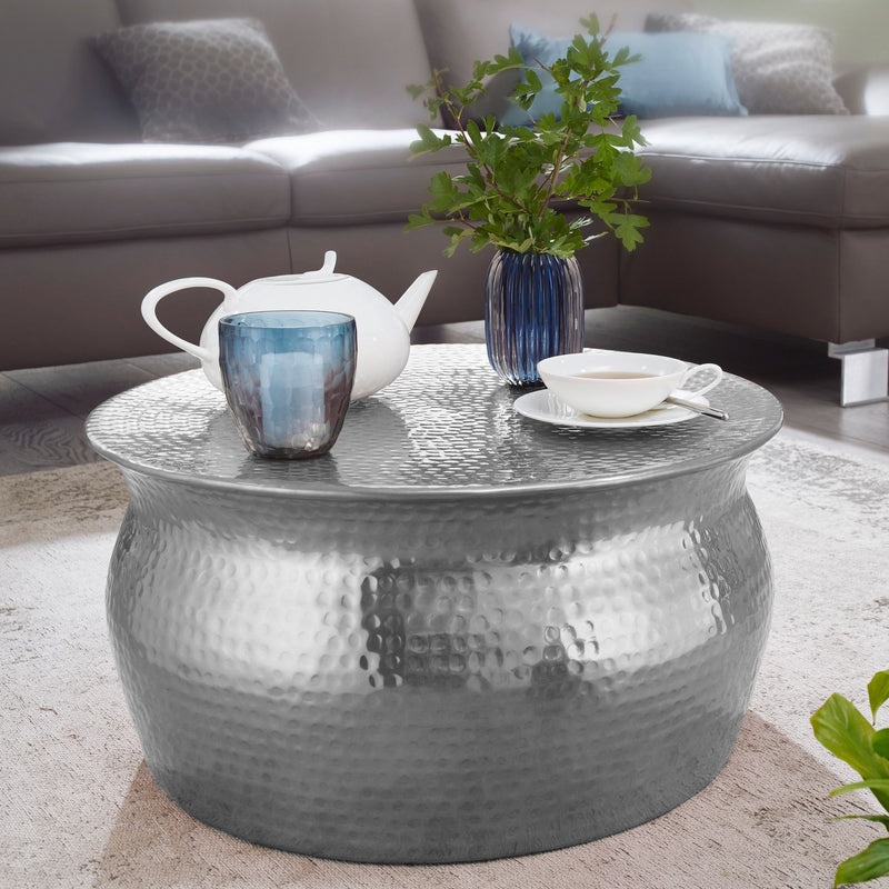 Couchtisch 60x30,5x60cm Aluminium Silber orientalisch rund Hammerschlag
