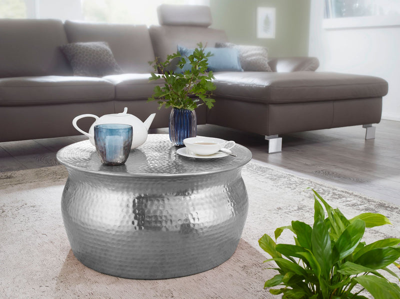 Couchtisch 60x30,5x60cm Aluminium Silber orientalisch rund Hammerschlag