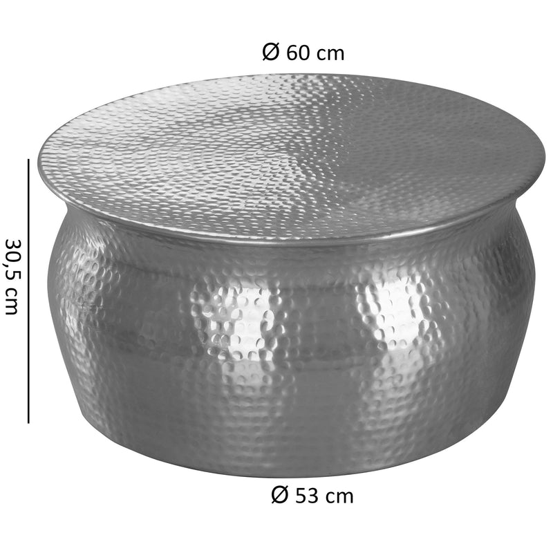 Couchtisch 60x30,5x60cm Aluminium Silber orientalisch rund Hammerschlag