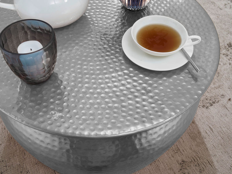 Couchtisch 60x30,5x60cm Aluminium Silber orientalisch rund Hammerschlag