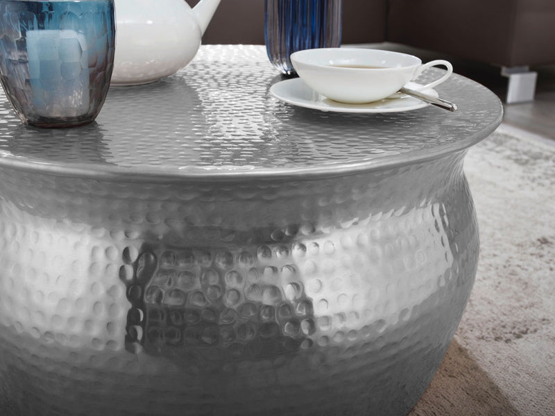 Couchtisch 60x30,5x60cm Aluminium Silber orientalisch rund Hammerschlag