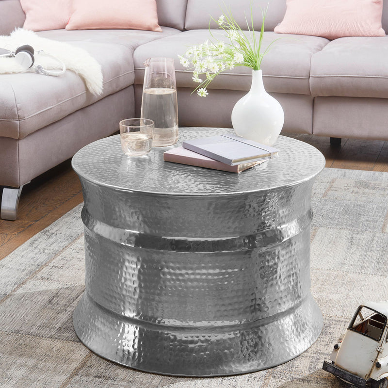 Couchtisch Aluminium Silber orientalisch rund Hammerschlag Design modern