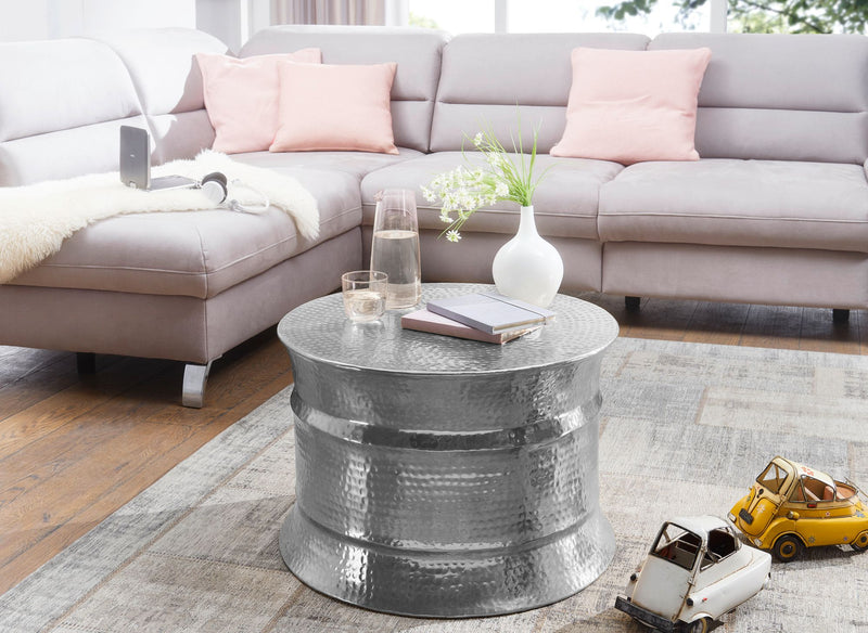 Couchtisch Aluminium Silber orientalisch rund Hammerschlag Design modern