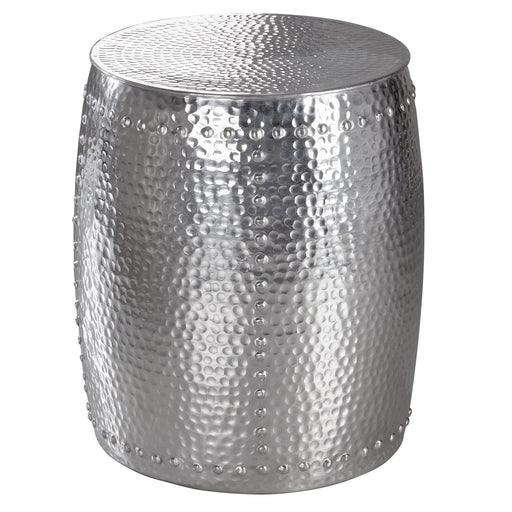 Beistelltisch Aluminium Silber orientalisch rund mit gehämmerter Oberfläche, Gesamtansicht.