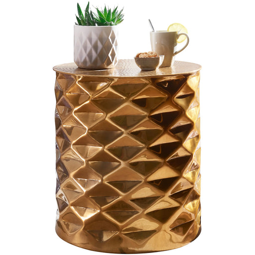 Beistelltisch Aluminium Gold Rund Orientalisch Hammerschlag mit strukturierter Oberflaeche, Gesamtansicht.
