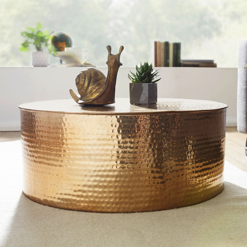 Couchtisch 75x31x75cm Aluminium Gold Orientalisch Rund Hammerschlag Modern