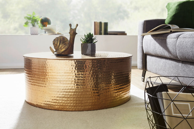 Couchtisch 75x31x75cm Aluminium Gold Orientalisch Rund Hammerschlag Modern