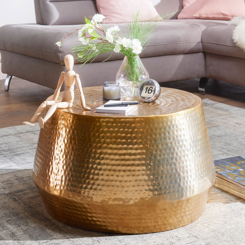 Couchtisch 60x36x60cm Aluminium Gold Orientalisch Rund Hammerschlag