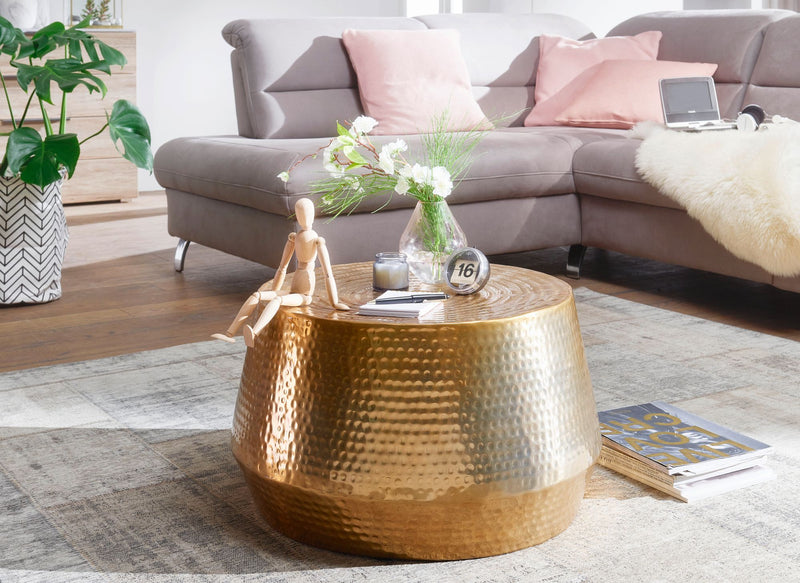 Couchtisch 60x36x60cm Aluminium Gold Orientalisch Rund Hammerschlag
