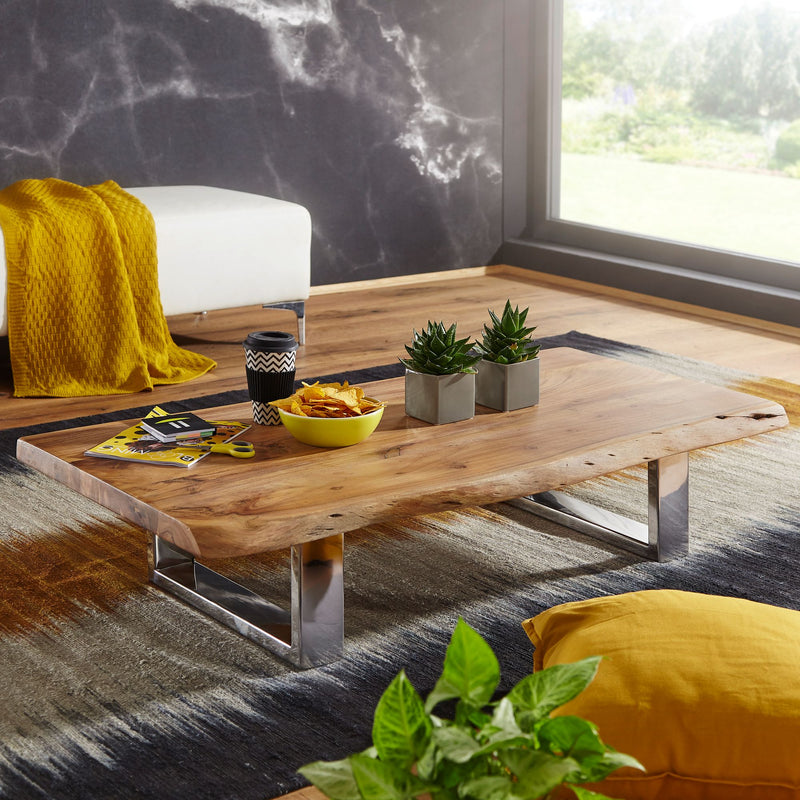 Couchtisch Akazie Massivholz Metallgestell Baumkante Braun 115x25x58cm