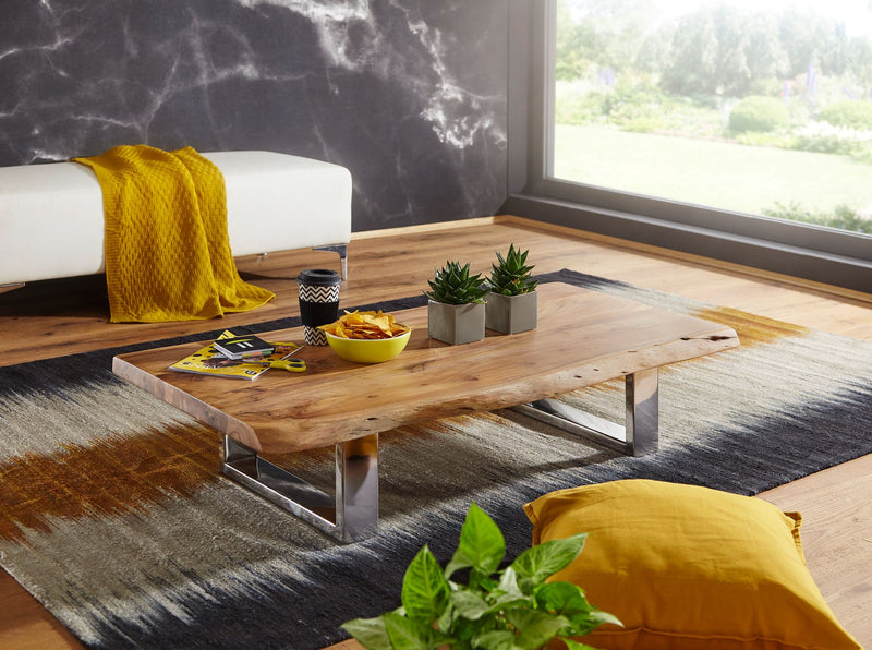 Couchtisch Akazie Massivholz Metallgestell Baumkante Braun 115x25x58cm