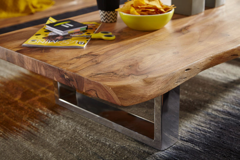 Couchtisch Akazie Massivholz Metallgestell Baumkante Braun 115x25x58cm