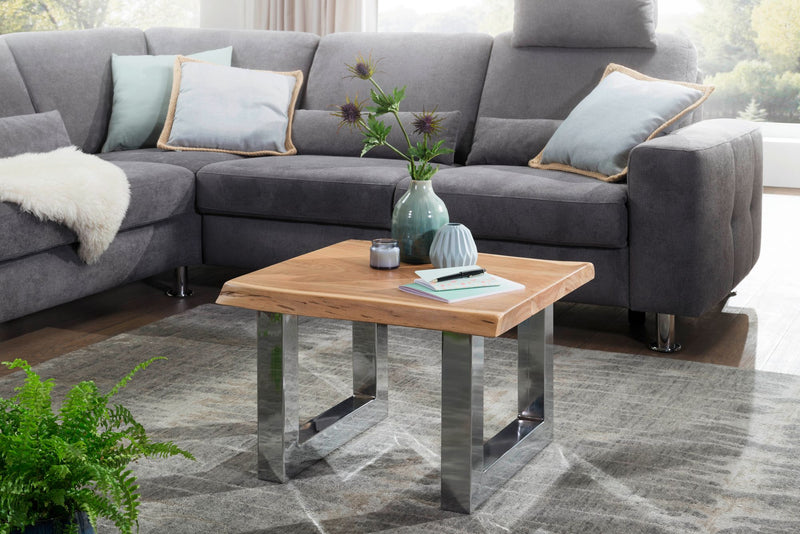 Couchtisch Akazie Massivholz Metallgestell Braun Baumkante Landhaus 58x40x60cm