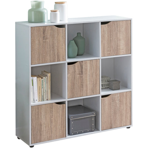 Sideboard MASSA Bücherregal mit neun Fächern, weiß mit Sonoma-Türen, Gesamtansicht von vorne.