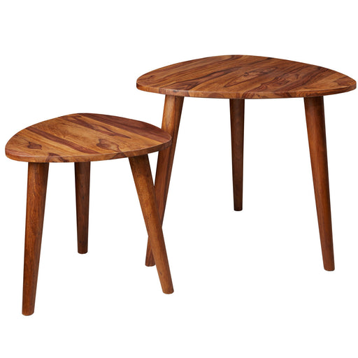 Satztisch Set WL5.574 Sheesham Massivholz, Gesamtansicht zweier ovaler Beistelltische mit Holzbeinen in warmer Holzfarbe.