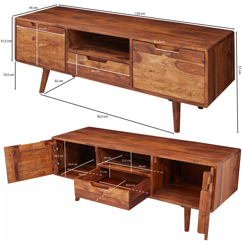Lowboard Sheesham Massivholz 135x51x45cm Landhaus TV Kommode Schublade