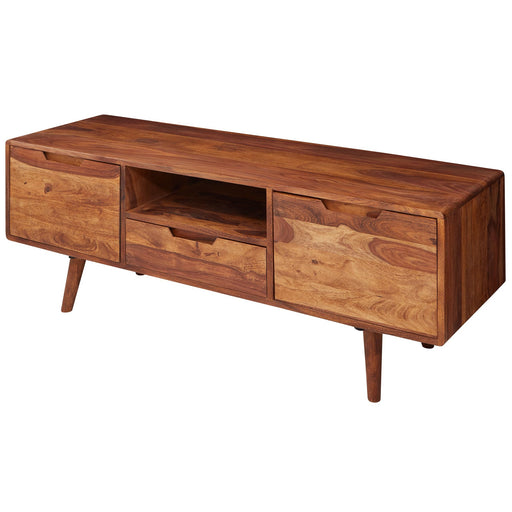 Lowboard Sheesham Massivholz 135x51x45cm Landhaus TV Kommode mit offener Mittelnische und seitlichen Türen in Gesamtansicht.