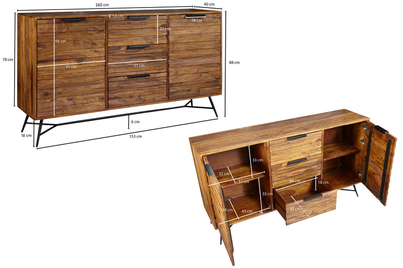 Sideboard NISHAN 160x40x88cm Sheesham Massivholz Industrial Stil
