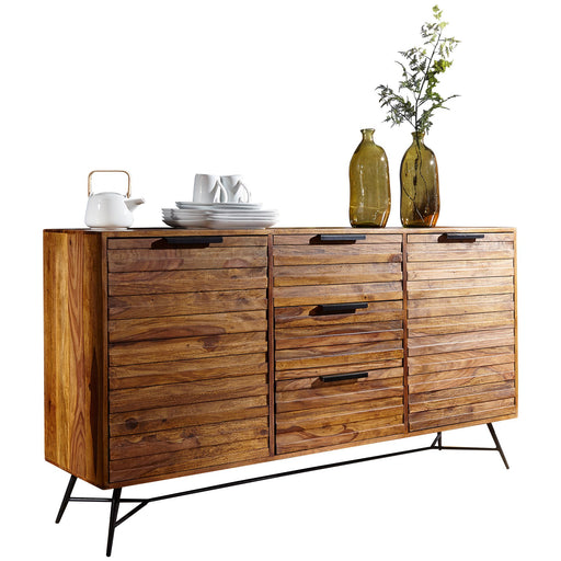 Sideboard NISHAN aus Sheesham Massivholz mit neun Schubladen, schwarzen Griffen und Metallbeinen in Gesamtansicht.