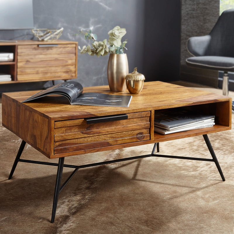 Couchtisch Nishan Sheesham Massivholz Stauraum Schublade Retro-Industrial