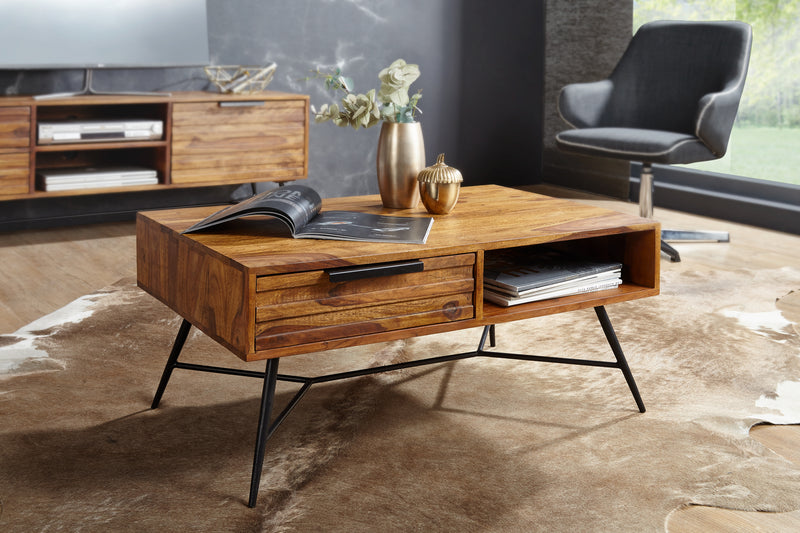 Couchtisch Nishan Sheesham Massivholz Stauraum Schublade Retro-Industrial