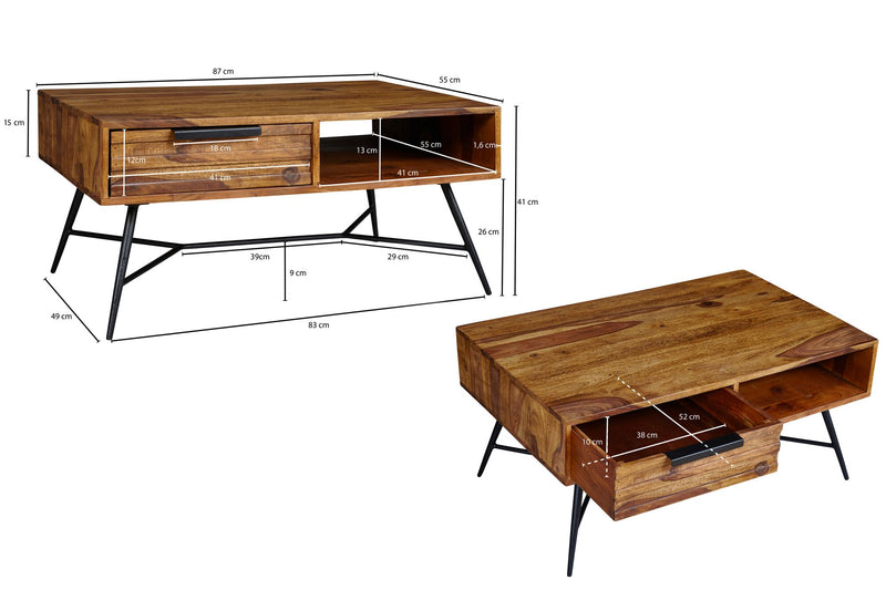 Couchtisch Nishan Sheesham Massivholz Stauraum Schublade Retro-Industrial