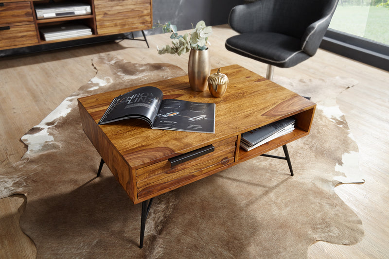 Couchtisch Nishan Sheesham Massivholz Stauraum Schublade Retro-Industrial