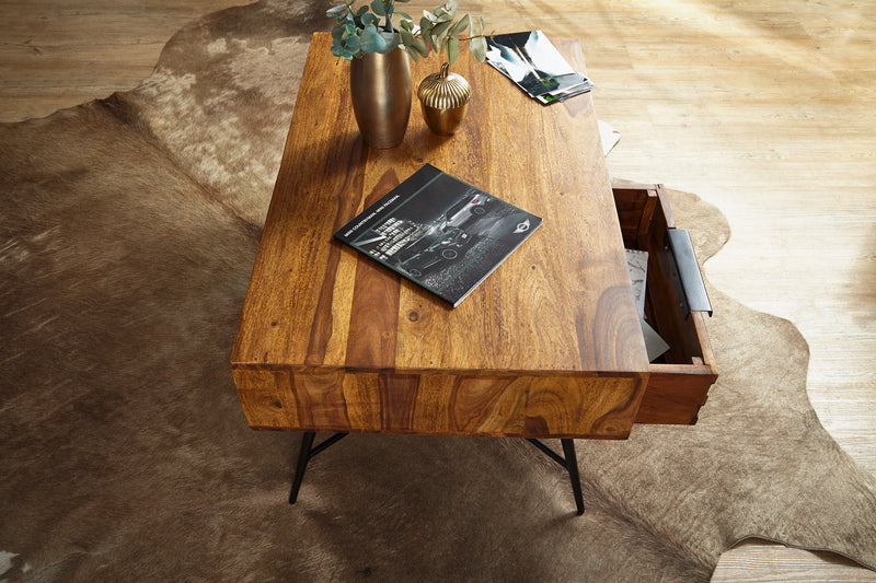 Couchtisch Nishan Sheesham Massivholz Stauraum Schublade Retro-Industrial