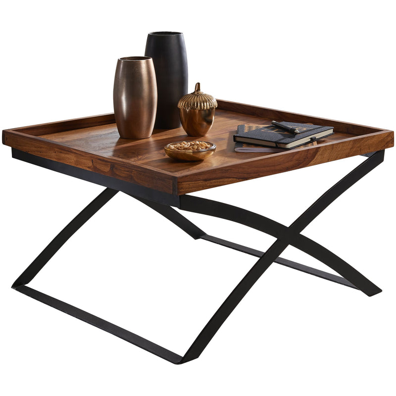 Couchtisch WL5.595 63x63cm Sheesham Massivholz Metall Industrial Braun