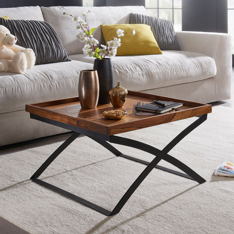 Couchtisch WL5.595 63x63cm Sheesham Massivholz Metall Industrial Braun