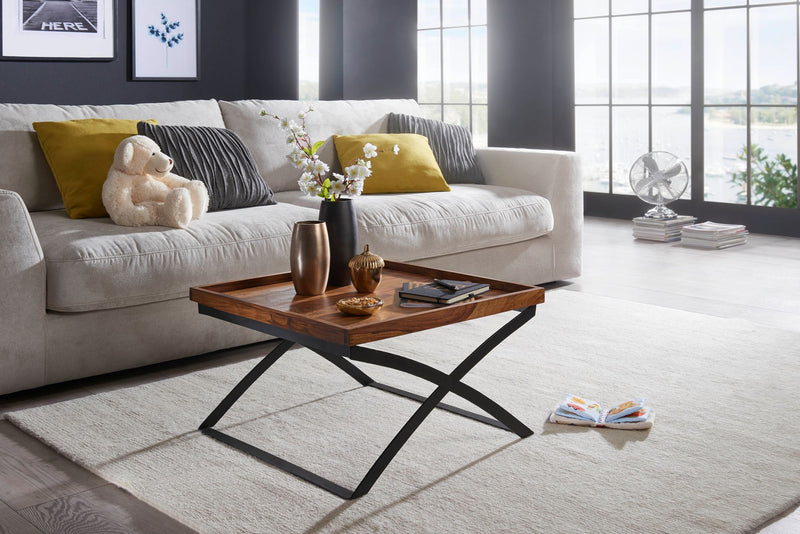 Couchtisch WL5.595 63x63cm Sheesham Massivholz Metall Industrial Braun